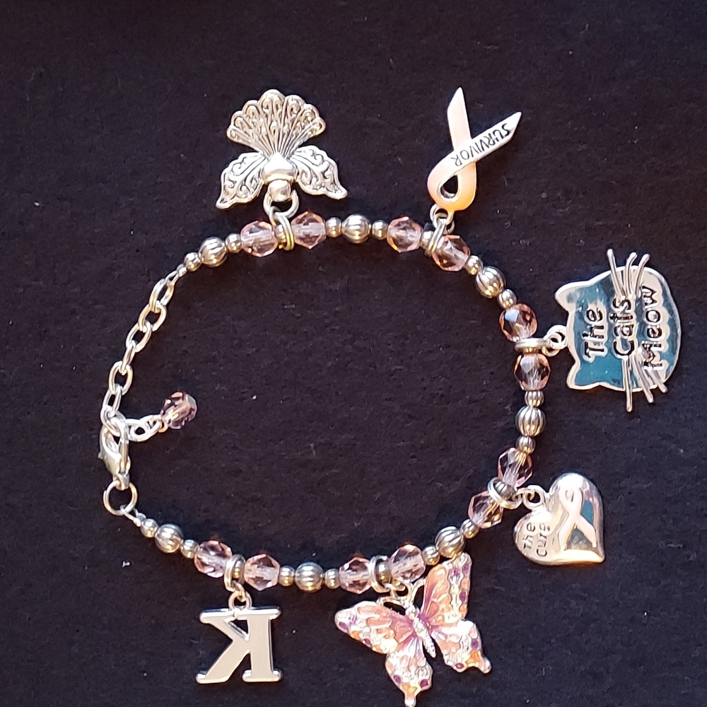 9in. Silver Tone Breast Cancer Charm Bracelet